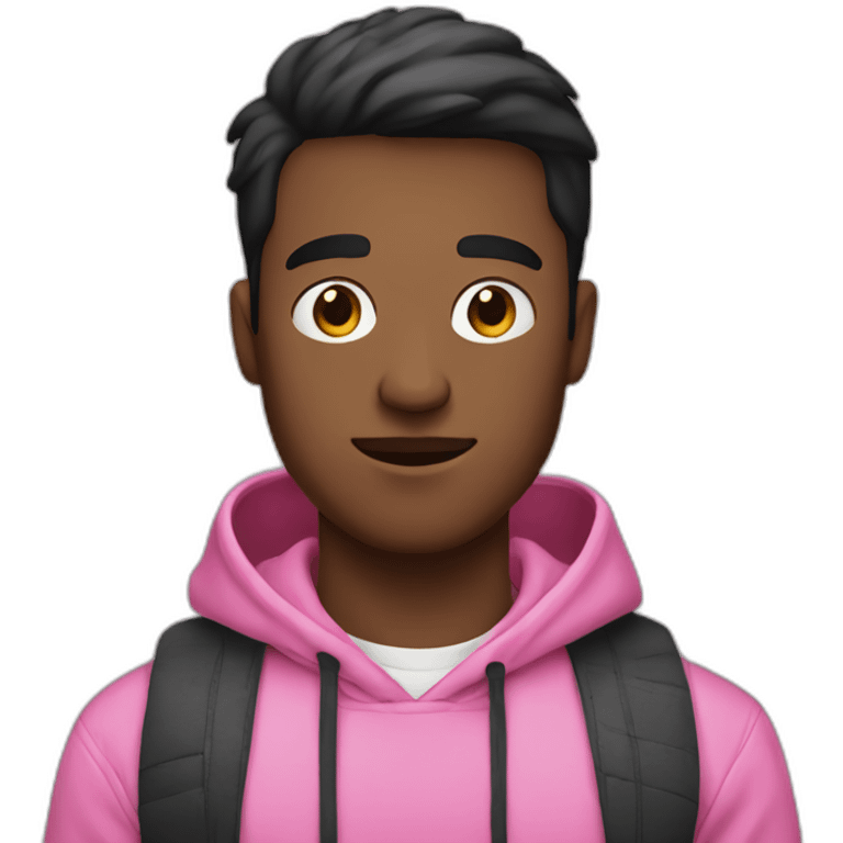 white guy with a pink hoodie and black short hair holding an iphone emoji