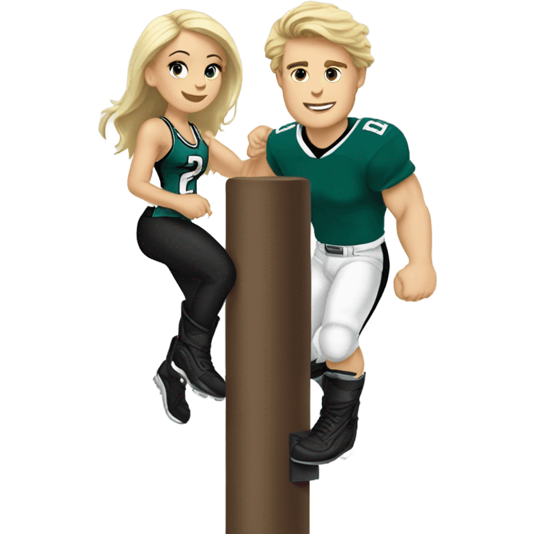 Brunette white female and blonde male with light skin who are both eagles fan climbing up a pole emoji