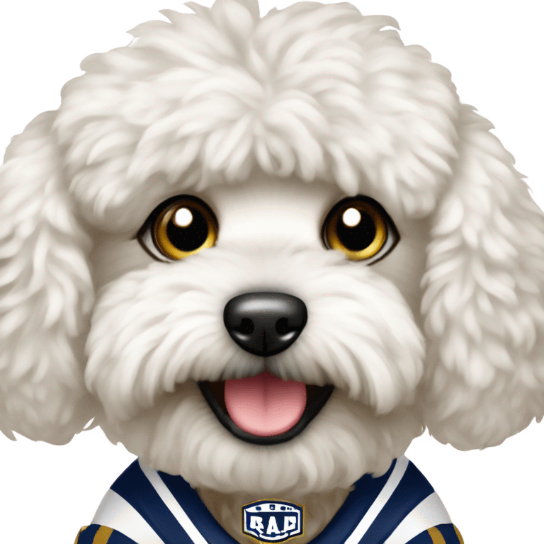 White fluffy maltipoo wearing LA Rams football uniform emoji