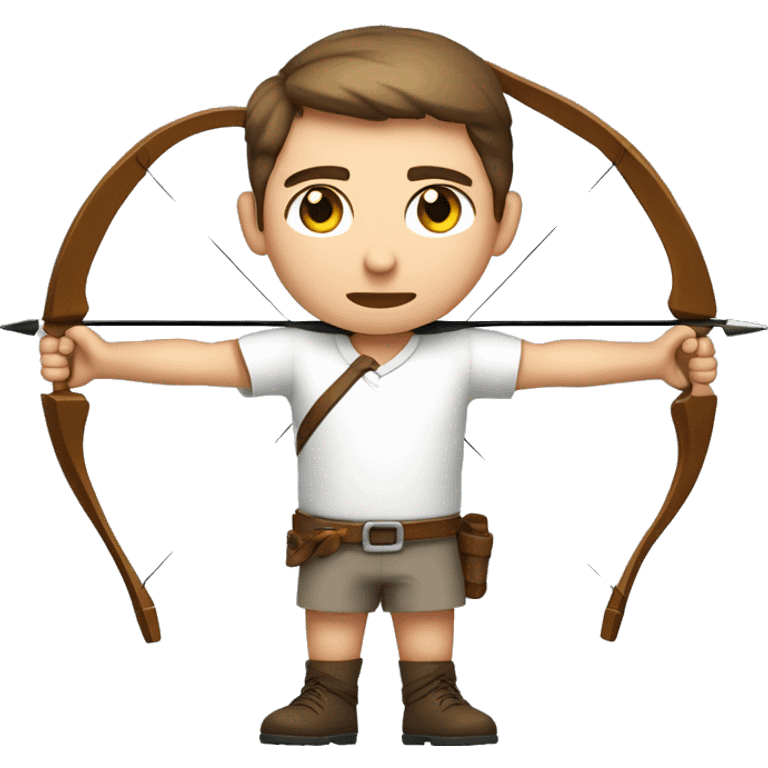 a male archer aiming with a bow facing  his target, eyes closed, wearing a white shirt, very short brown hair, bright skin, only show upper part of the body from waist up emoji