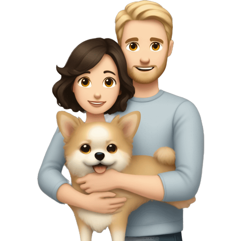 Young white man with short dark hair with a small beard hugging his white wife with dark brown hair and both of them hugging a beige and white Pomeranian  emoji