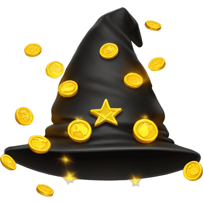 a wizard hat emoji filled with glowing coins emoji