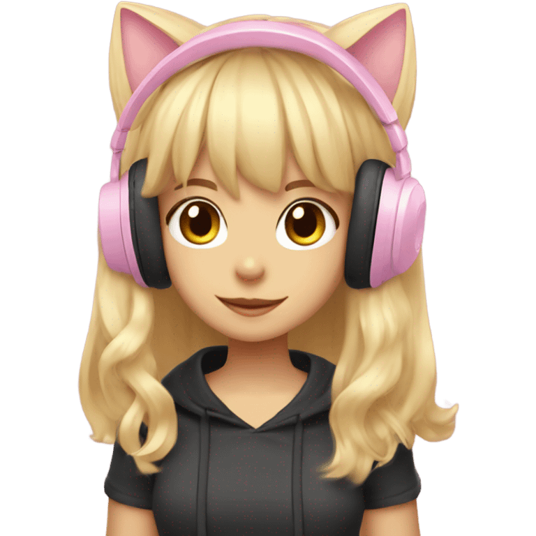 Girl with blonde hair with bangs with pastel pink gaming headset that has cat ears emoji