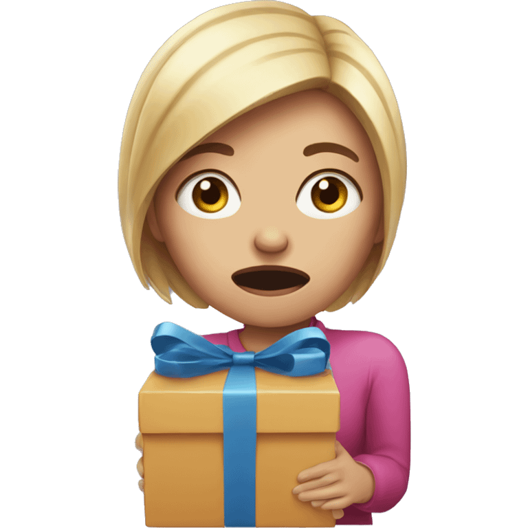 Scared woman holding a present with tears running down her face  emoji