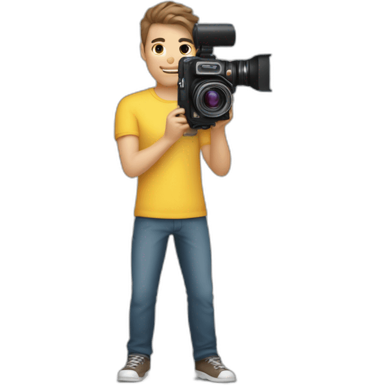 Male Photographer shaved Caucasian wavy hair brunette holding camera emoji