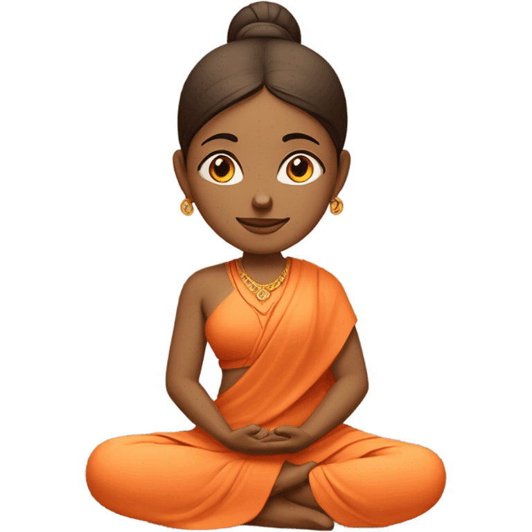 Indian female yogi with meditative expression.  sitting in a lotus position. She wears a sleeveless pastel-colored shirt paired with a flowing orange robe, symbolizing traditional yogic attire. A small red bindi adorns her forehead emoji