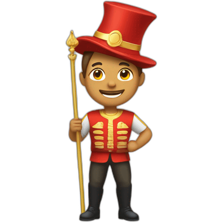 Design a full-body emoji of a strong man with a confident smile, dressed in red and gold, wearing a New Year's hat, and holding a small flag. emoji