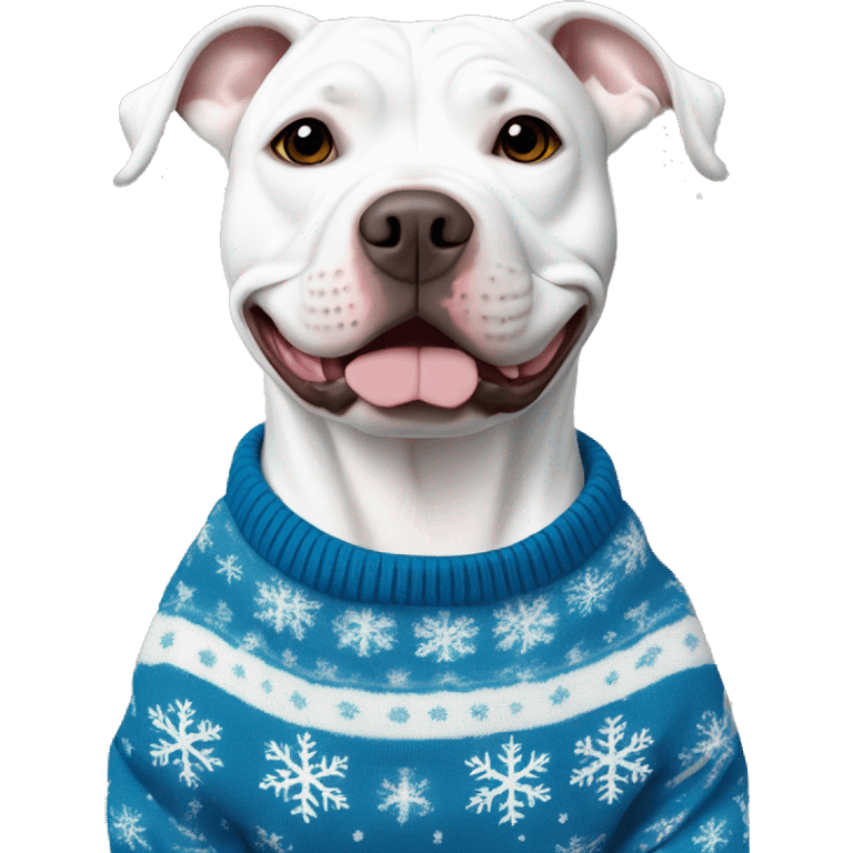 White pit bull in a blue snowflake sweater   emoji