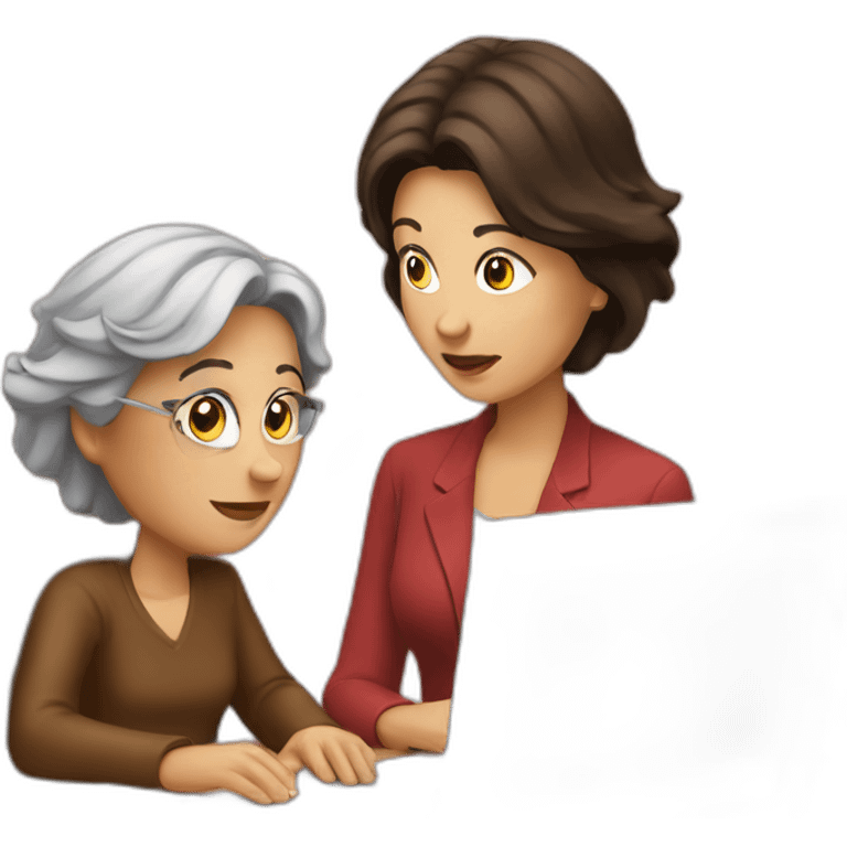 Brunette sitting opposite old woman looking at laptop emoji