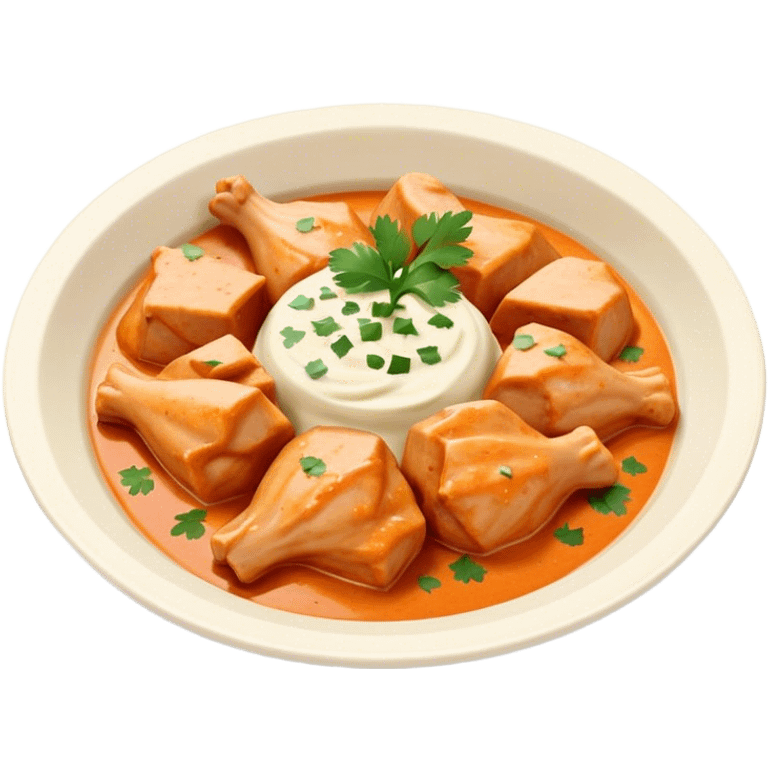 Butter Chicken Cinematic Realistic Butter Chicken Dish Emoji, depicted as tender chicken pieces sliced up and bathed in a creamy white sauce garnished with fresh cilantro, rendered with rich textures and vibrant, appetizing lighting. emoji