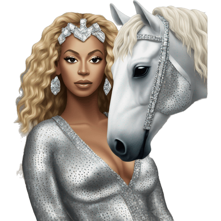 beyonce wearing silver crystal leopard sitting on silver sparkly horse renaissance album cover emoji