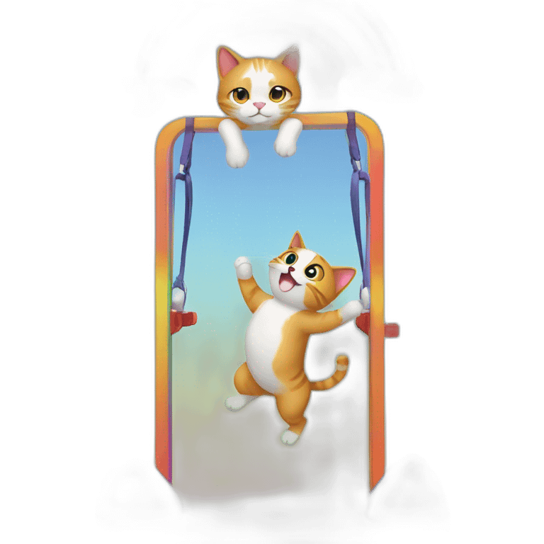 Cat doing pull ups with a rainbow dog emoji