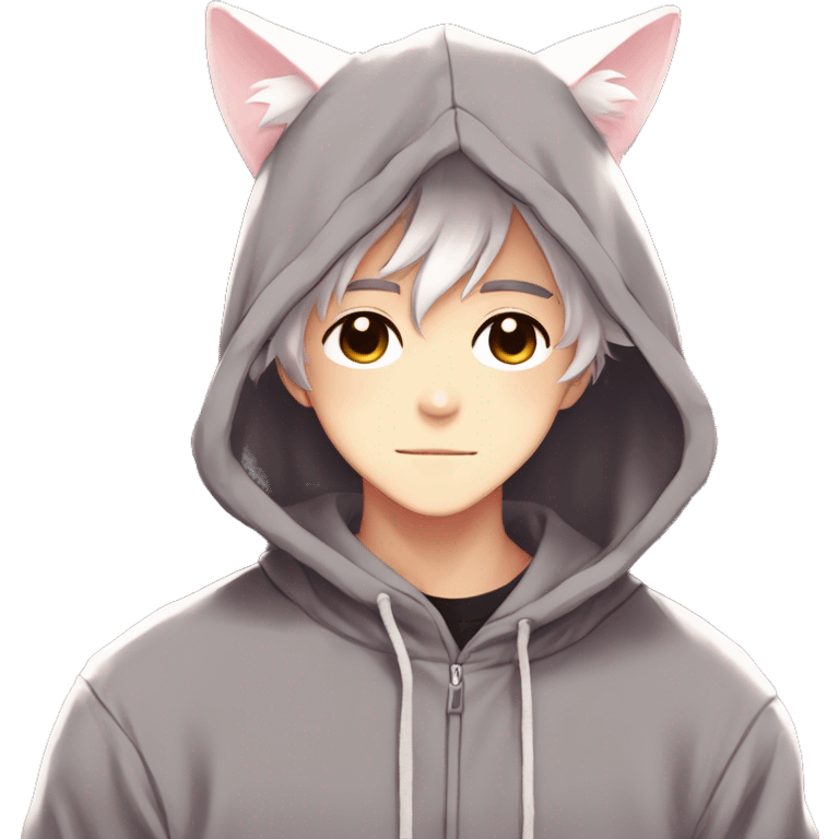 Gorgeous anime style shojo guy with cat ears and blushing face and hoodie aesthetic trending style outside emoji