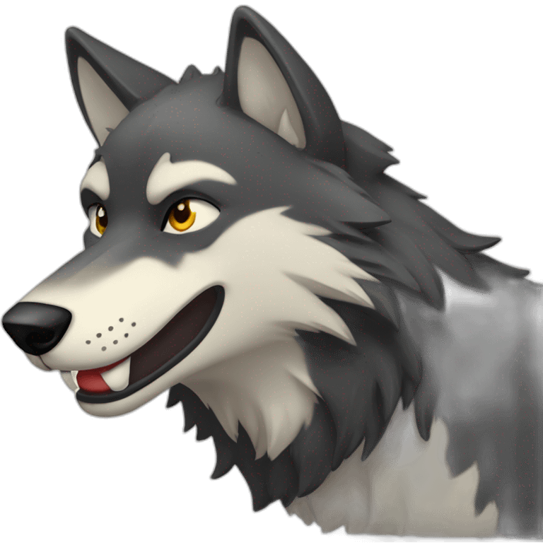 friendly dark wolf head in profile looking to right with open mouth smiling and blinking with on eye emoji