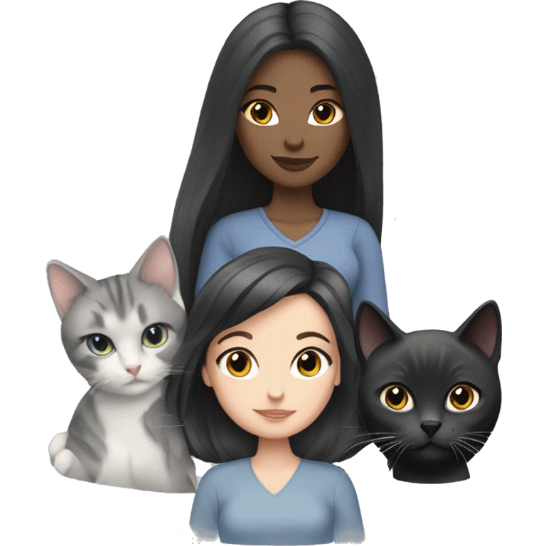 White girl black hair long with two cats, one Russian blue and one gray emoji