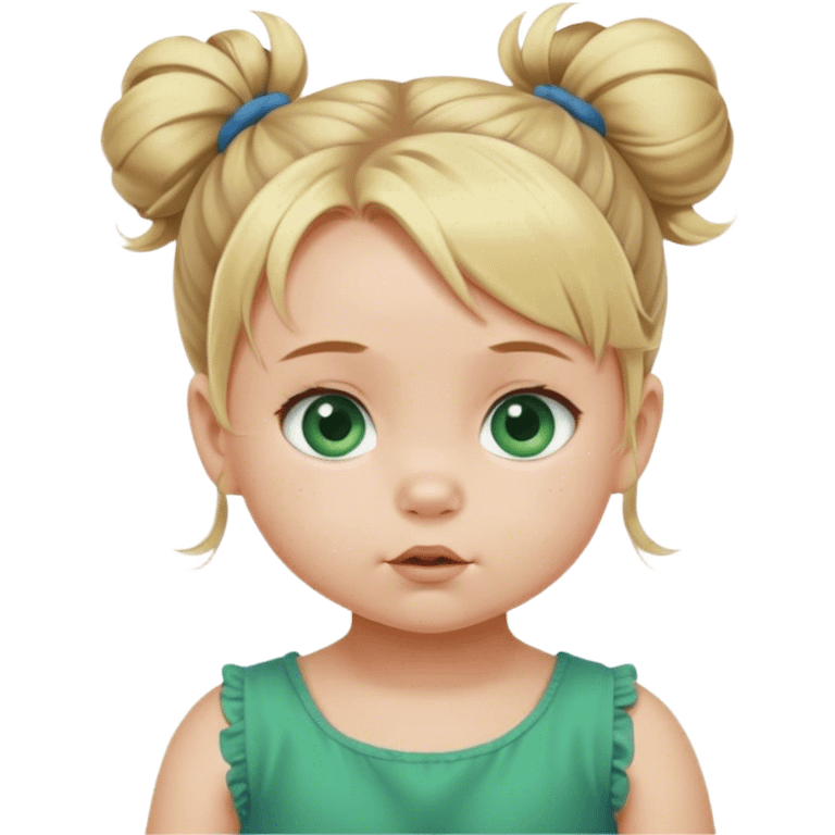 Blond baby girl with messybun green dress blue eyes emoji