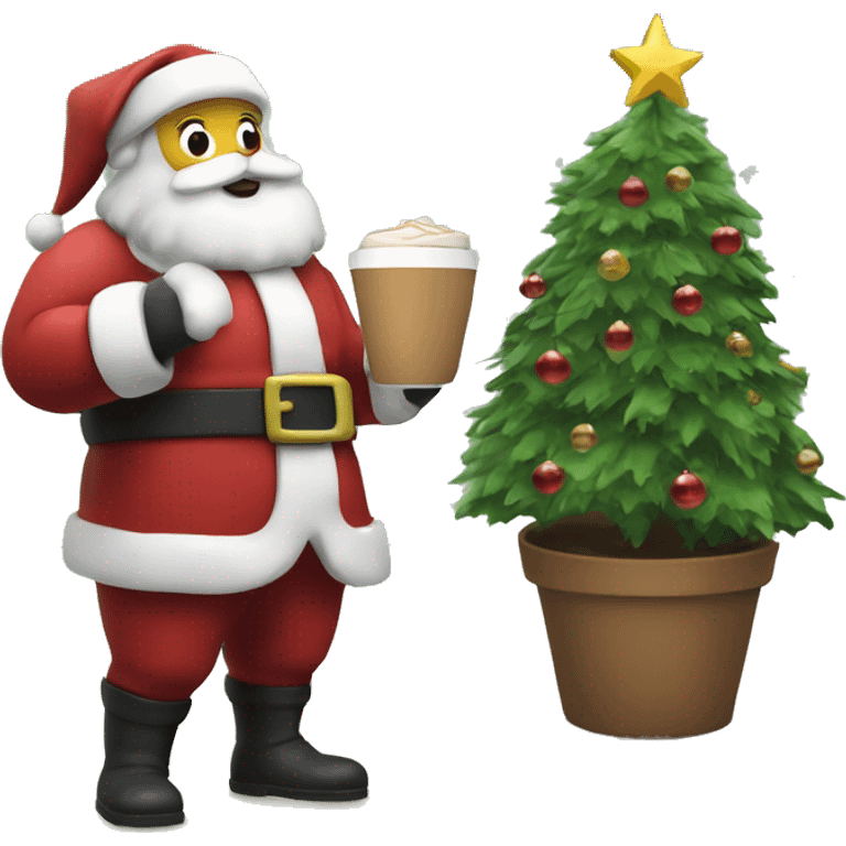 Santa grabbing the coffee, standing beside the christmas tree emoji