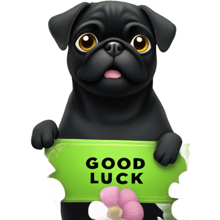 Black pug , surrounded by flowers, holding a green sign that says “good luck”  emoji