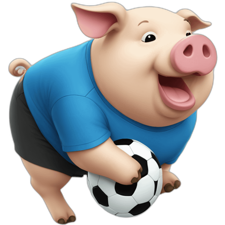 Fat pig with blue shirt kicking a soccer ball emoji