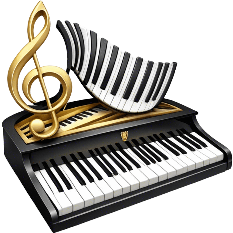 Create an elegant and festive emoji collage representing keyboard instruments, styled like a heraldic emblem. The design should feature a central focal point of black and white piano keys, arranged in a semi-circular or shield-like shape. Around the piano keys, add intertwining musical notes that form flowing ribbons, creating a dynamic and celebratory atmosphere. The design should be professional, with polished silver and gold accents on the keys and notes, highlighting the luxury and sophistication of the instruments. Add subtle shading and lighting effects to give the design a refined, 3D appearance. The background should remain transparent, and the overall feel should evoke grandeur, artistry, and a sense of celebration. emoji