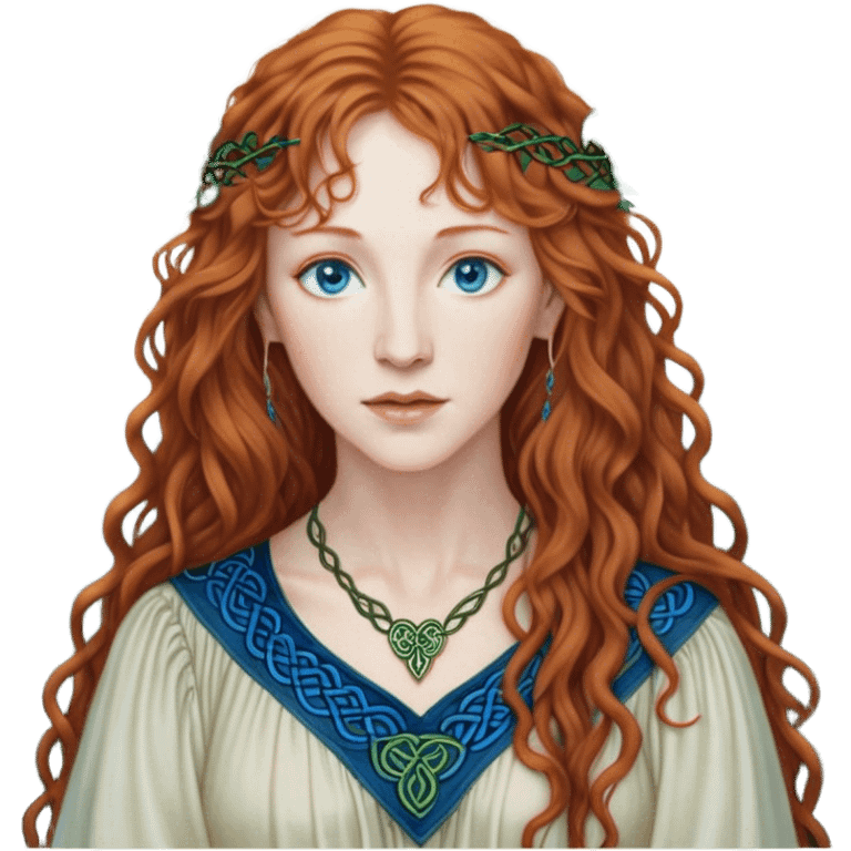 a detailed portrait of loreena mckennitt, focusing on her upper half. she has long, curly auburn hair, fair skin, and piercing blue eyes. wearing a flowing blouse with Celtic-inspired embroidery, soft light highlights her serene and contemplative expression, set against a misty, mystical background. emoji