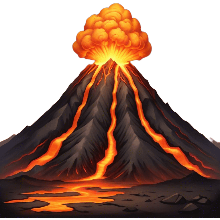 Cinematic Realistic Volcano Emoji, Powerful and awe-inspiring, with molten lava flowing from its jagged, smoking peak, casting an orange glow in the surrounding darkness. The landscape around it is barren and rocky, with clouds of ash rising into the sky. Soft glowing outline, capturing the essence of raw power and fiery energy in a towering volcano. emoji