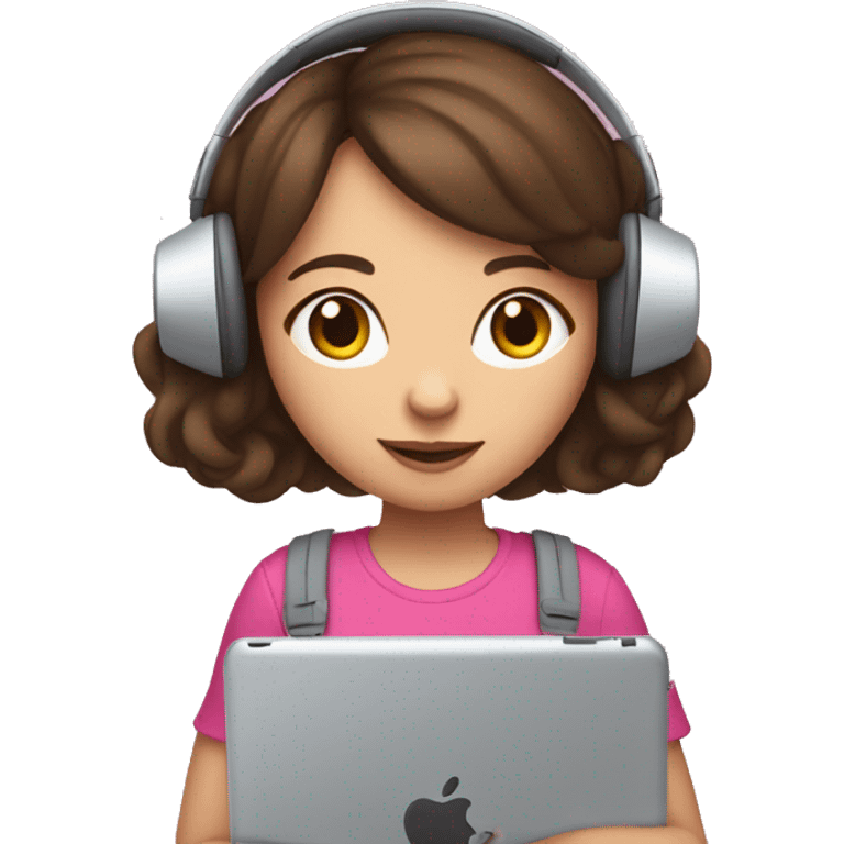 Brunette haired girl wearing pink cat headphones holding an ipad emoji