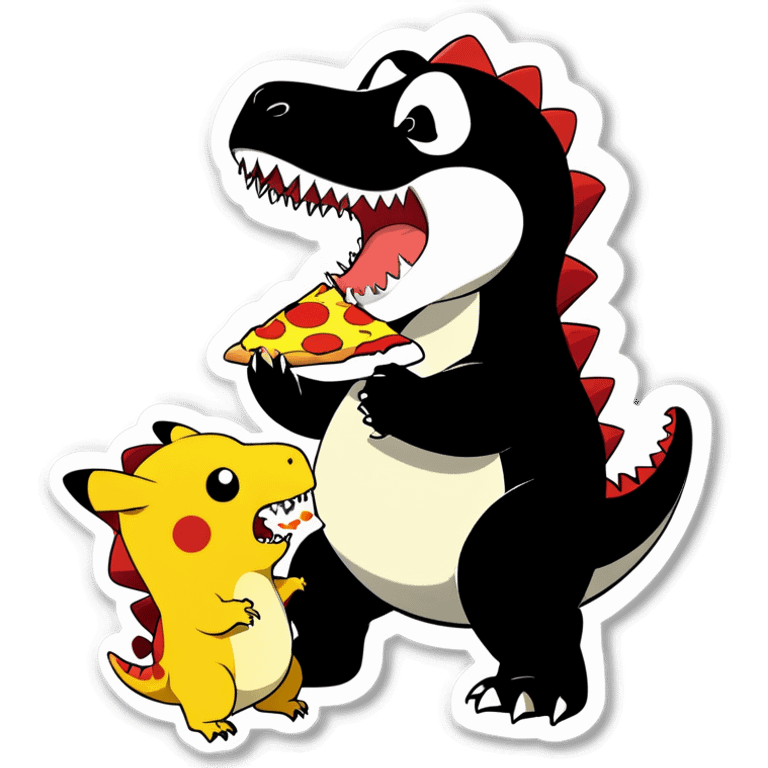 T-Rex eating pizza with Pikachu add a panda and panda ￼ emoji