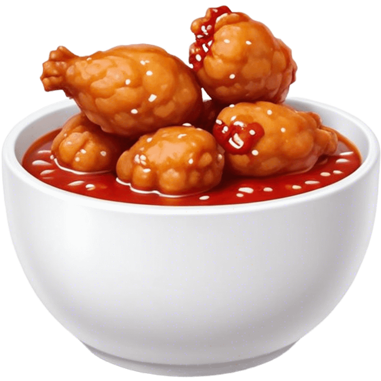 Korean Fried Chicken Cinematic Realistic Korean Fried Chicken Dish Emoji, depicted as bite-sized chicken chunks generously coated in a glossy, spicy sauce, in a bowl. emoji