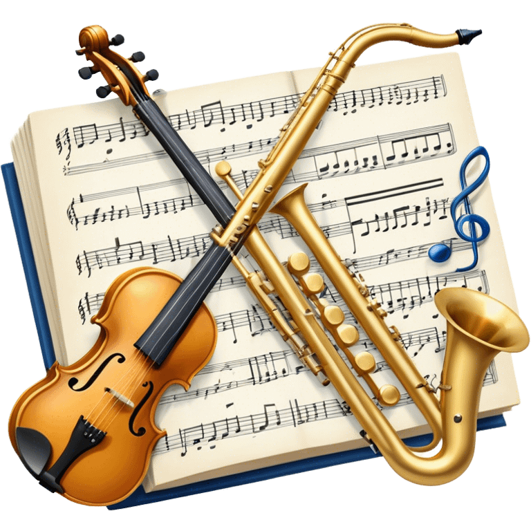 Create an elegant and artistic emoji that represents music arrangement and orchestration. The design should feature a conductor's baton, musical scores, and various orchestral instruments (e.g., violin, trumpet, electric guitar, synthesizer). Incorporate flowing lines to represent harmony and orchestral balance, along with a subtle representation of sheet music. Use rich, classical colors like gold, silver, or deep blue, and create an atmosphere of sophistication and precision. The background should be transparent. emoji