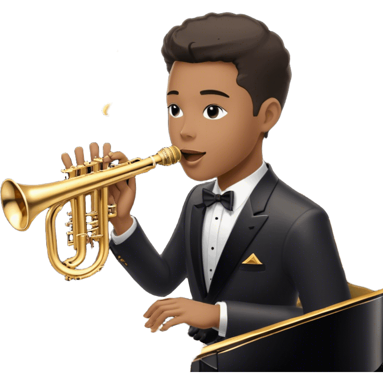 Create an elegant and vintage-inspired emoji representing jazz vocal performance with a classic jazz microphone, a grand piano, and a Selmer Model 19 trumpet resting on top of the piano. The design should feature a sleek, vintage microphone (like those from the 1940s) with a glossy, metallic finish. The piano should be depicted with a shiny black finish, and the trumpet should have a polished, golden look, resting gracefully on the piano keys. Add subtle musical notes or a soft soundwave to suggest the flow of music. Use rich, deep colors like gold, black, and silver to evoke the timeless, classy vibe of jazz. The background should be transparent. emoji