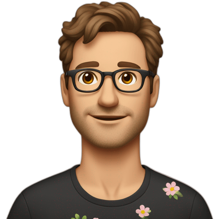 german guy with short brown hair up unshaved wearing glasses and dark t-shirt with flowers print emoji