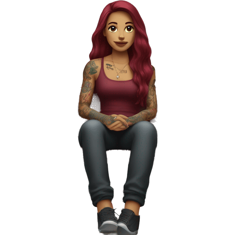 Beautiful tattooed burgundy long haired woman sitting on a bench emoji