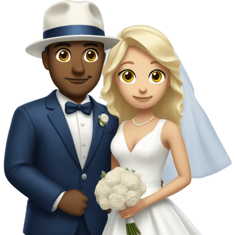 Puerto rican beard short hair with blue hat and navy blue suit getting Married with blond long hair girl with white  wedding dress  emoji