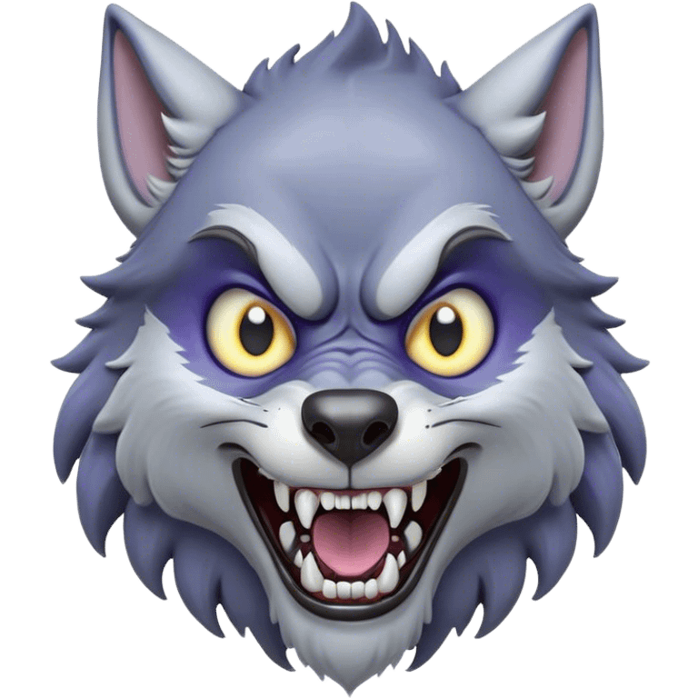 Cinematic Comical Werewolf Portrait Emoji, with a whimsically exaggerated lupine face in vivid moonlit grays and silvers, head cocked in a dramatically shocked expression with comically oversized, wide eyes and a playful snarl, simplified yet hilariously expressive, highly detailed with a soft cartoonish glowing outline capturing the mischievous humor of a werewolf mid-transformation! emoji