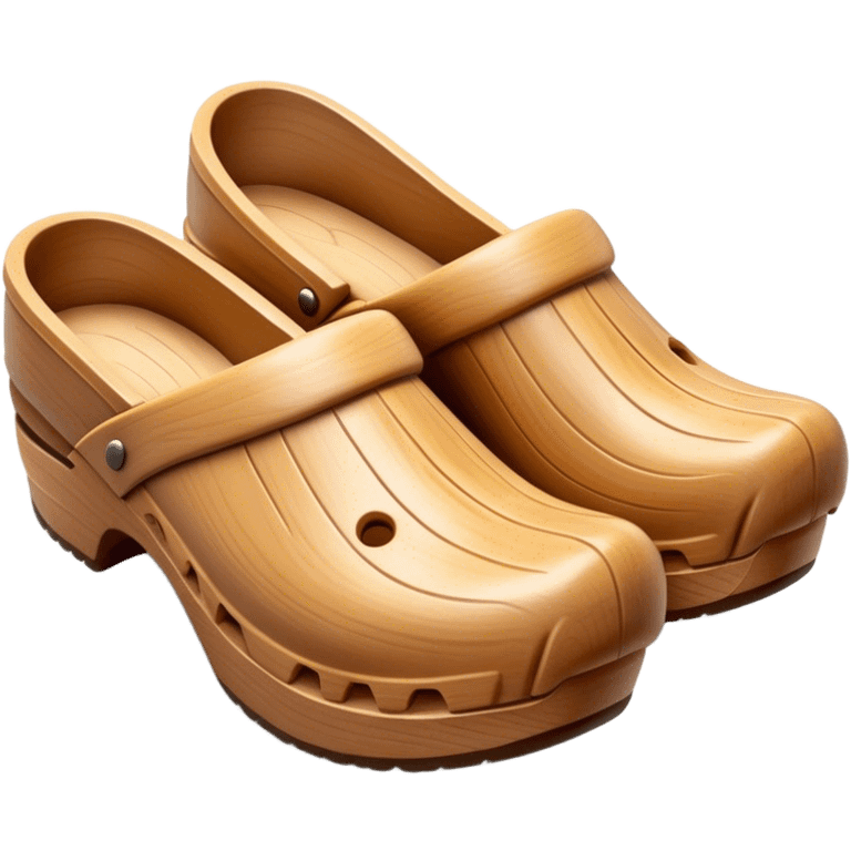 Cinematic Realistic Wooden Clogs Emoji, depicting the classic handcrafted footwear with a smooth, curved design and sturdy wooden soles, rendered with rich textures and warm, natural lighting. emoji