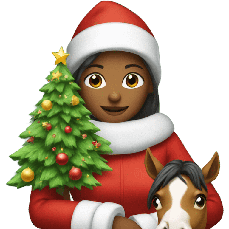 Girl dressed like Santa next to Christmas tree holding horse emoji