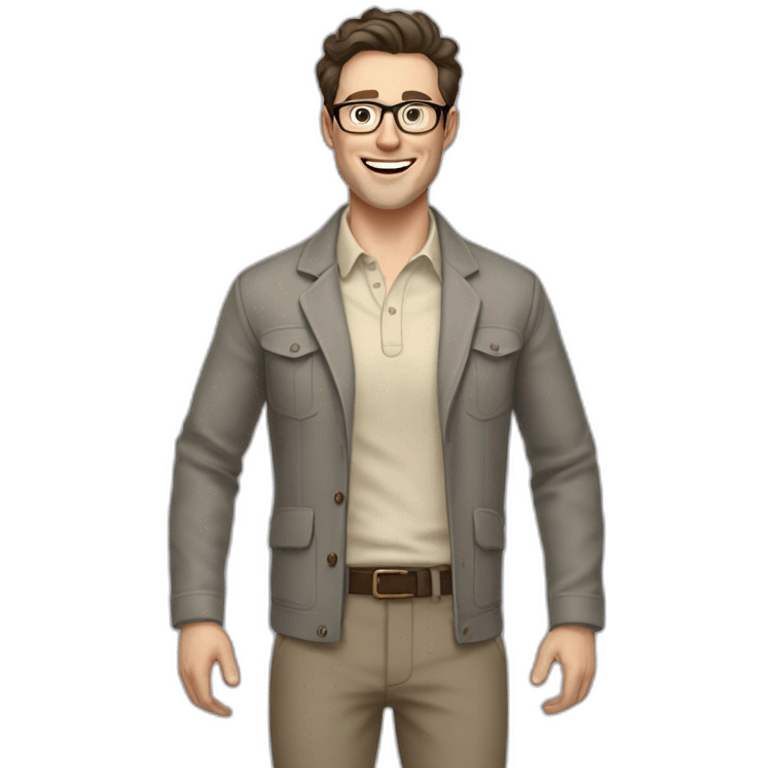 Joyful Full height Pale skinned Fit Man With dark brown hair in gray jacket, beige office shirt, Brown pants and vintage glasses. His thrumbs up emoji