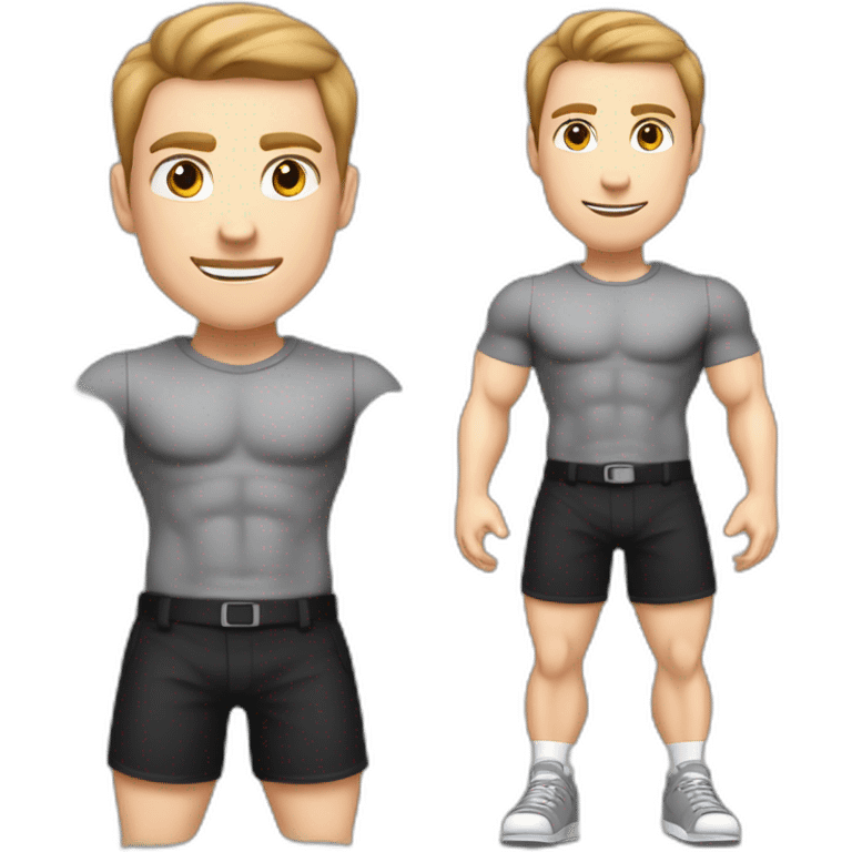 To belt Pale skinned Fit Man With the biceps and light brown hair in black shirt, gray sports shorts and white Sneakers Writing text on the flipchart emoji