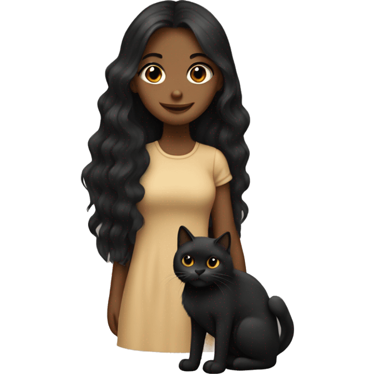 Tan girl with long dark hair holding a fluffy black cat emoji