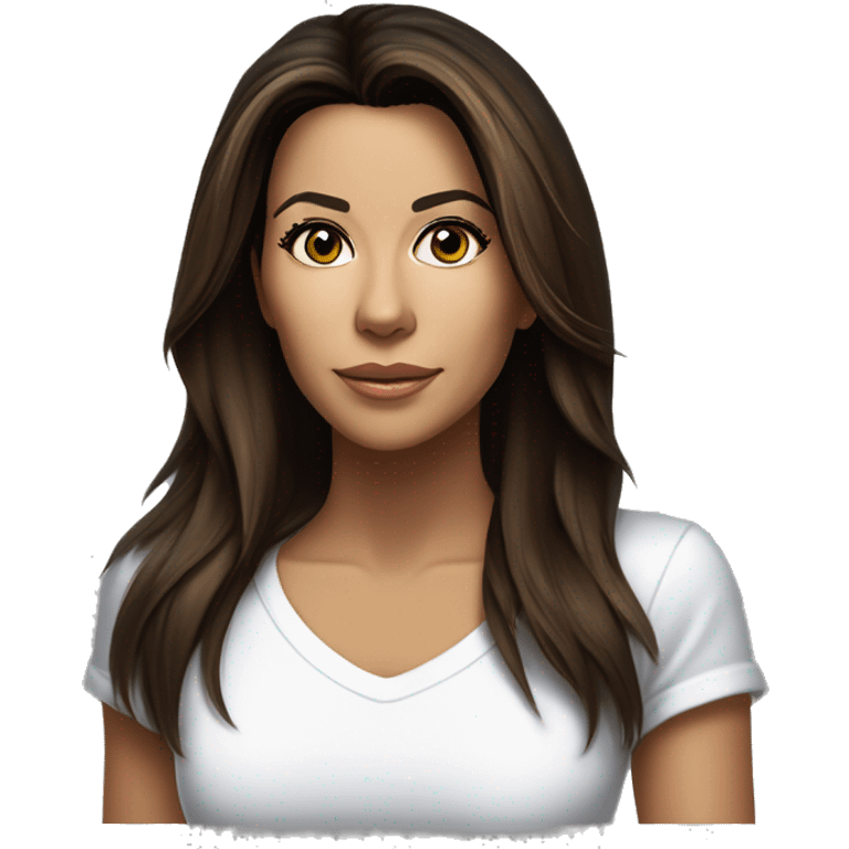 3/4 face, contrasted, shadow, light, Eva Longoria expression, standing, thin nose, brunette woman, hazel eyes, long eyelashes, dark shoulder shaded hair, white t-shirt, jeans, white sneakers emoji