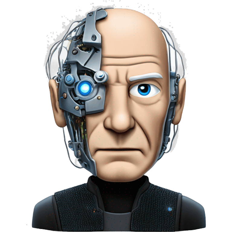 Jean luc picard from Star Trek assimilated by the Borg, with mechanical metal covering only the left side of his face, with wires and a red light on the left side. Both his eyes are unobstructed and are human blue eyes. emoji