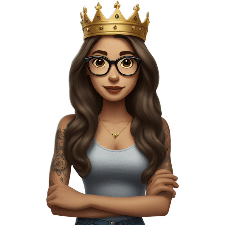 Hyperrealistic beautiful  girl, wearing a crown and glasses, arm tattoos, with long brown hair  emoji