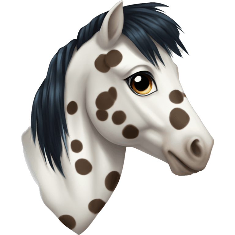 Brown and white spotted pony with black hair and blue eye emoji