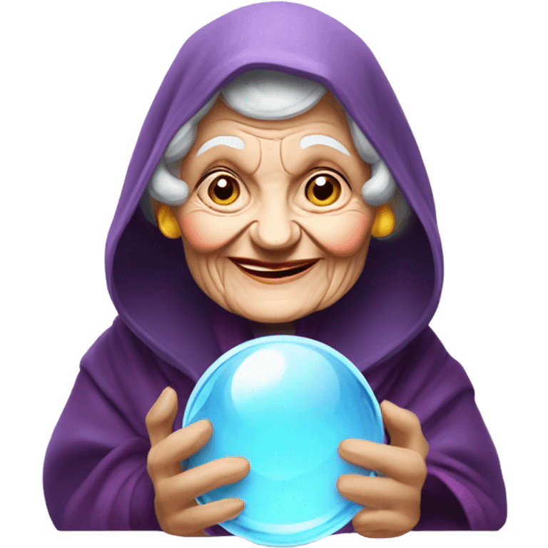 Wise Old Lady Fortune teller with crystal ball looking into the camera smiling emoji