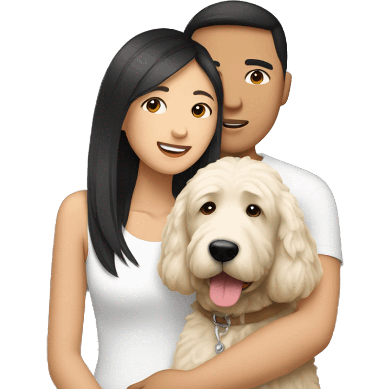 asian couple with straight hair hugging with a big white goldendoodle emoji