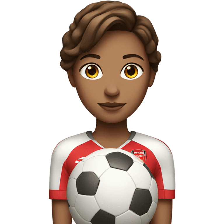 Pretty woman with medium brown hair holding a soccer ball and wearing an Arsenal jersey emoji