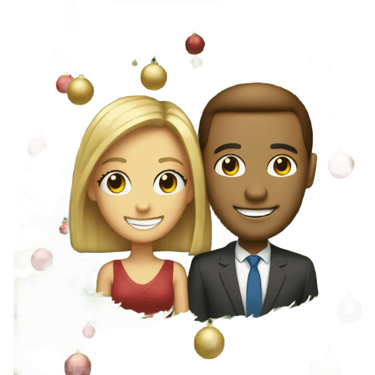 smiling couple by christmas tree, but make the eyes smaller emoji