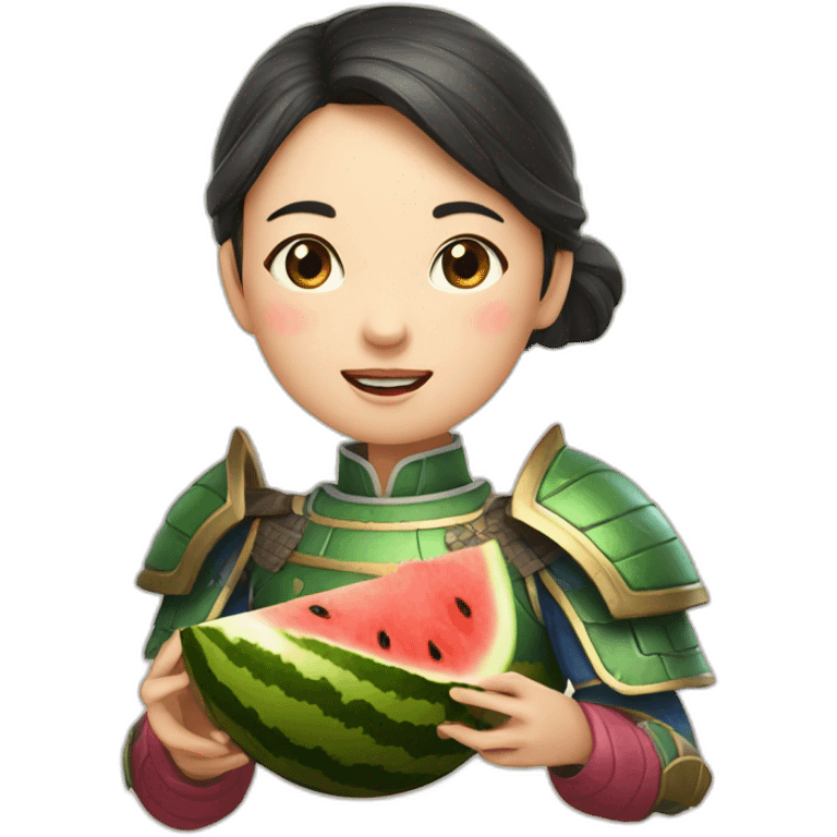 the face of a girl from medieval China in beautiful armor eating a watermelon emoji