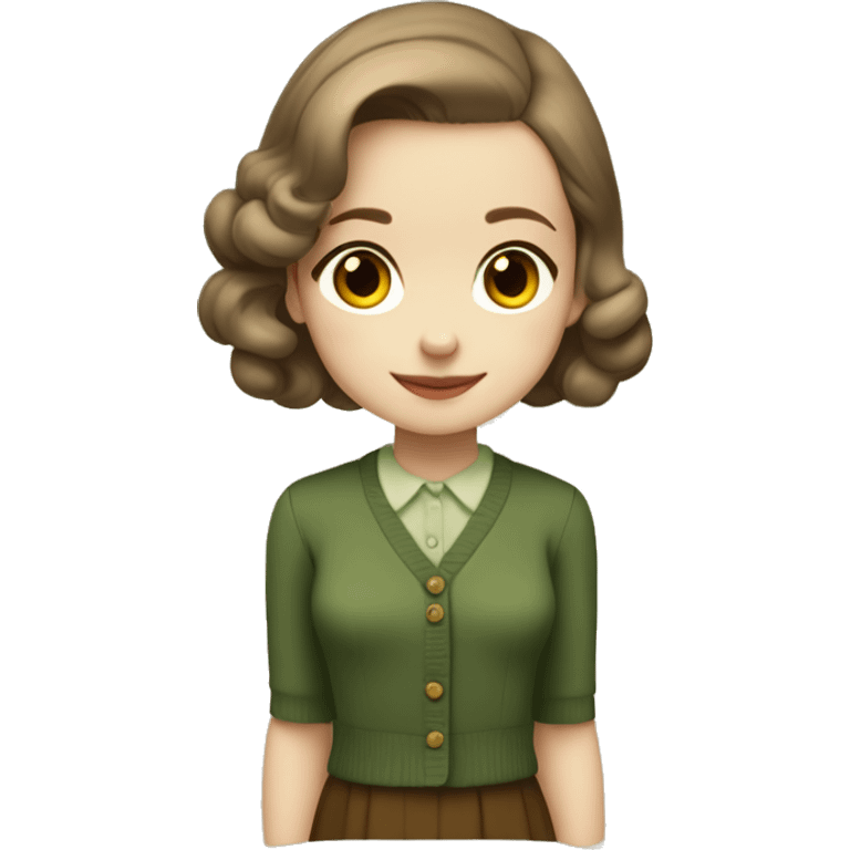 Very young girl with pale skin, straight, warm brown, short hair in a bob style, a brown 1940s dress with an earthy green cardigan emoji